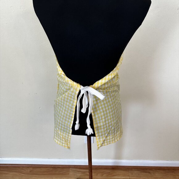 Vintage Womens Kitchen Apron Yellow and White Gingham Checker Waist Tie Pockets - Picture 4 of 8